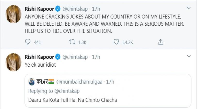 Bollywood veteran Rishi Kapoor is furious after a section of social media teasingly asked him if he was well stocked up on alcohol, what with the 21-day lockdown being announced in the wake of COVID-19 pandemic.