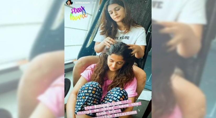 Janata Curfew amid COVID-19 outbreak on Sunday gave actress Kriti Sanon a lot of time to spend with family. She made the best use of her time at home, and she particularly seemed to enjoy giving some good old 'champi' (head massage) to her sister, singer-actress Nupur Sanon.