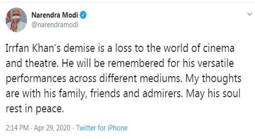 President, PM term Irrfan's death big loss to world cinema.