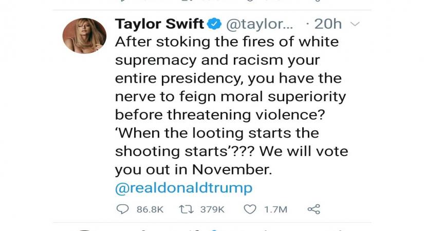 Taylor Swift's criticism of Donald Trump becomes her most-liked tweet ever.
