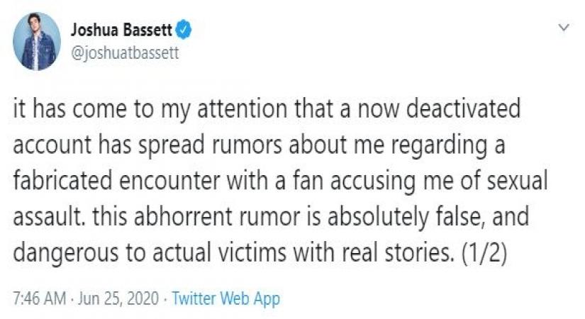 'High School Musical' star Joshua Bassett denies sexual assault claims.