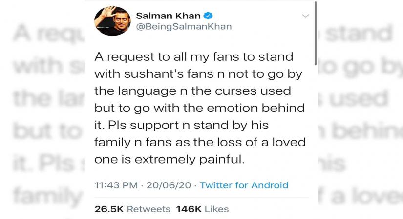 Salman requests fans to stand with Sushant Singh RajputÃ¢ÂÂs  family, fans.