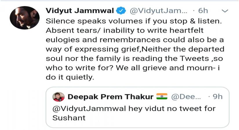 Vidyut Jammwal on 'no tweet for Sushant' comment: Silence speaks volumes.
