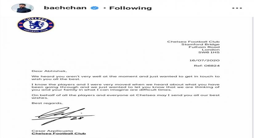 Abhishek Bachchan shares letter from Chelsea footballer Cesar Azpilicueta