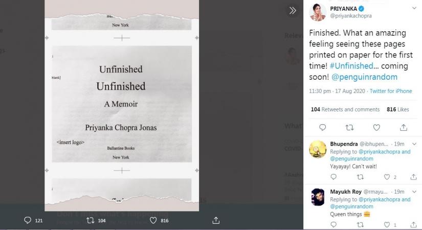 Priyanka Chopra tweets to confirm her memoir is ready in print.