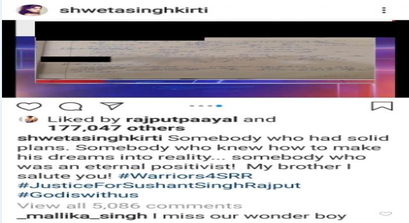 Somebody who had solid plans: SSR's sister comments on 'diary' pages in Insta post.