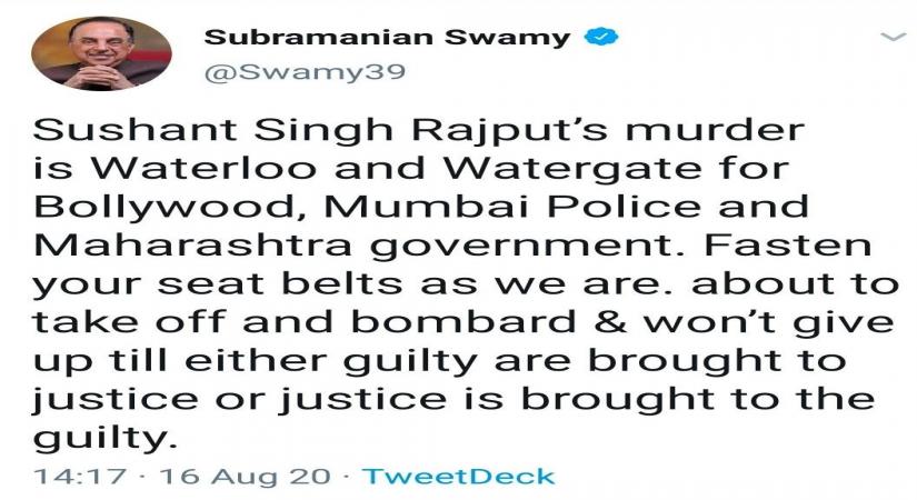 Sushant Ã¢ÂÂmurder' Waterloo, Watergate for B'wood, Mumbai Police, Maha govt: Swamy