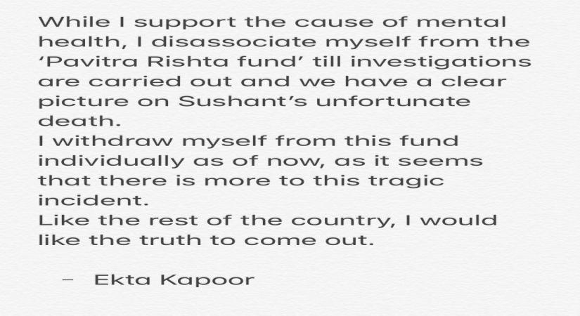 Ekta Kapoor dissociates herself from Pavitra Rishta Fund for mental health
