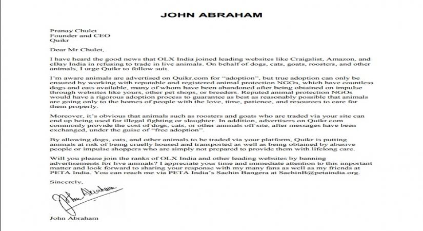 John Abraham wants online ads for live animals banned