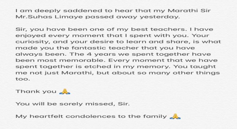 Aamir Khan mourns death of his Marathi teacher .