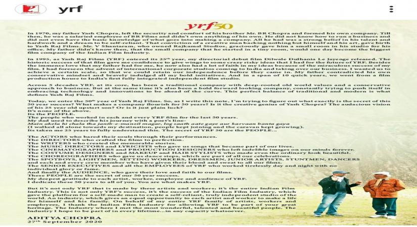 50 yrs of YRF: Aditya Chopra remembers father Yash Chopra.