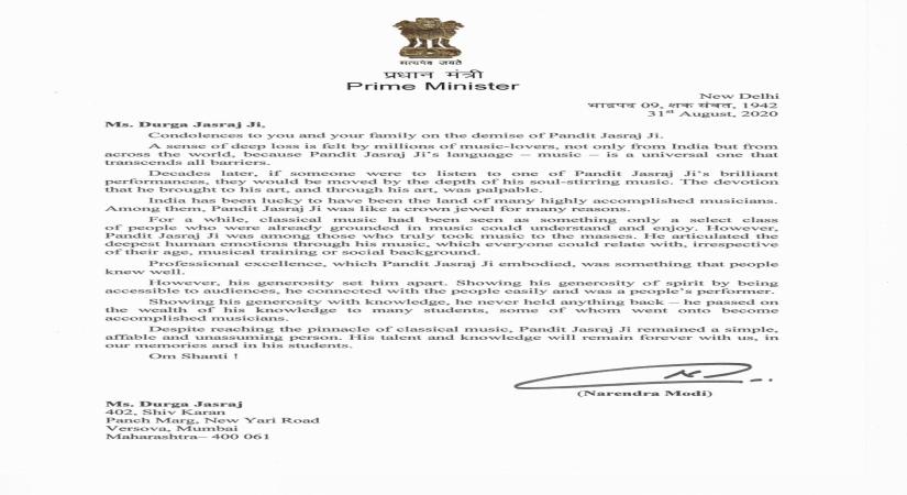 Pandit Jasraj's daughter thanks PM Modi for 'thoughtful letter of condolence'.