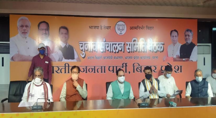 BJP National President JP Nadda during the party's Election Steering Committee Meeting ahead of Bihar Assembly elections, in Patna on Sep 11, 2020.