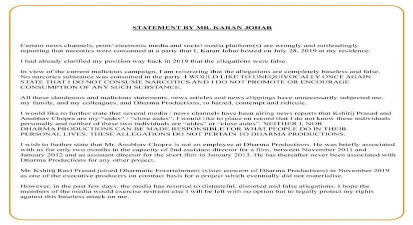 Karan Johar issues statement: I do not consume, promote narcotics consumption