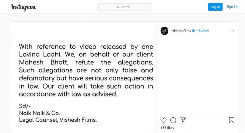 Mahesh Bhatt to take legal action against Luviena Lodh over video alleging harrassment.