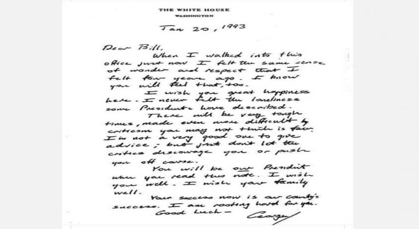 Kirsten Bell shares handwritten letter George HW Bush left for Bill Clinton.