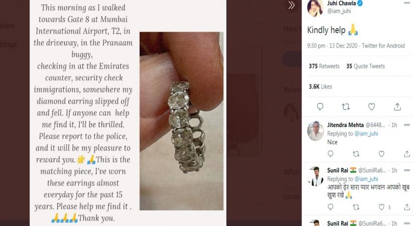 Juhi Chawla loses diamond earring at Mumbai airport, promises to reward finder.