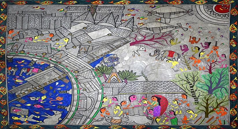 Madhubani-134, Artist- Ajit Jha, Medium- Acrylic on paper size- 54''x55''