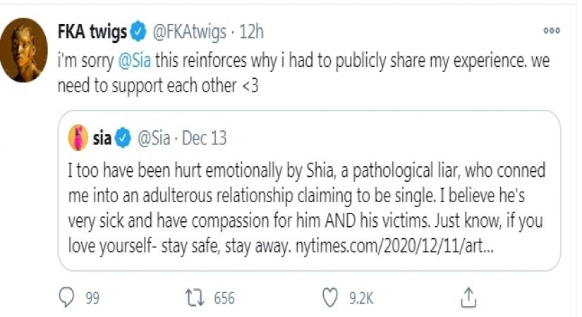 Sia calls Shia LaBeouf 'pathological liar; FKA twigs supports her