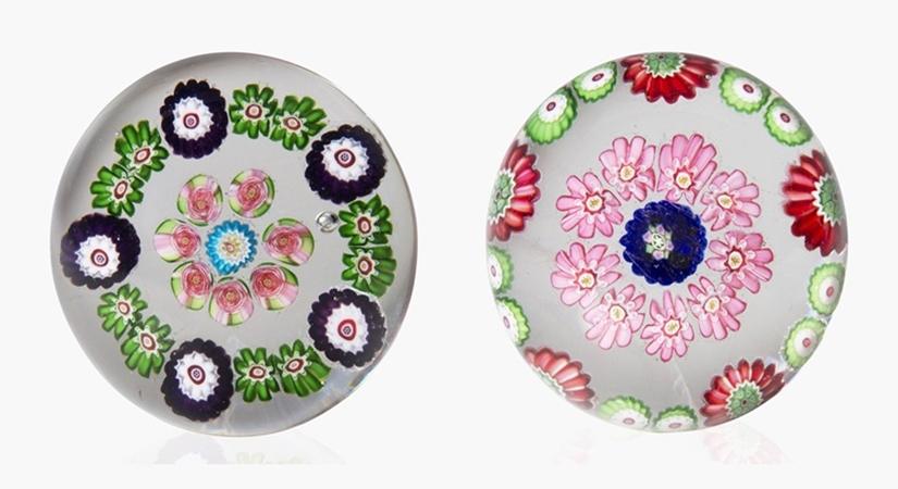 Two clichy miniature concentric millefiori weights
