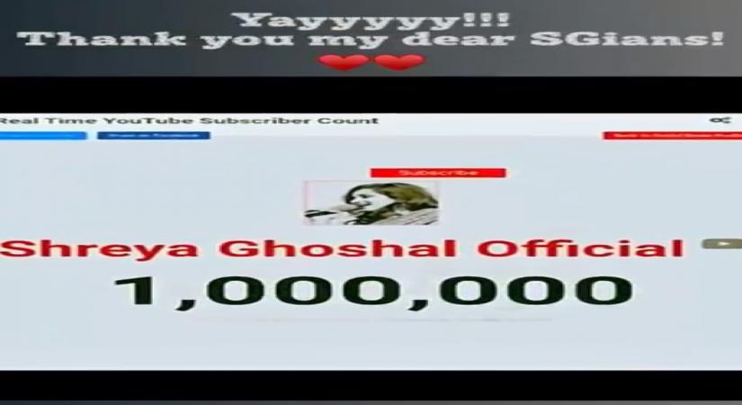Playback singer Shreya Ghoshal is celebrating one million subscribers on her YouTube channel, Shreya Ghoshal official. The singer took to Twitter on Wednesday to express gratitude to fans