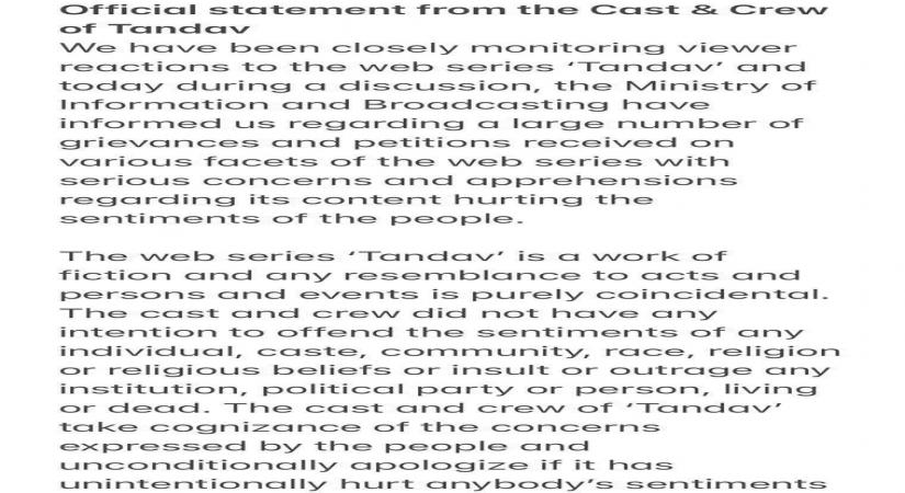 Amid growing dissent over his recent web series Tandav, show creator Abbas Zafar has apologised on behalf of the entire cast and crew, saying they did not intend to offend anyone or insult any religion and political party
