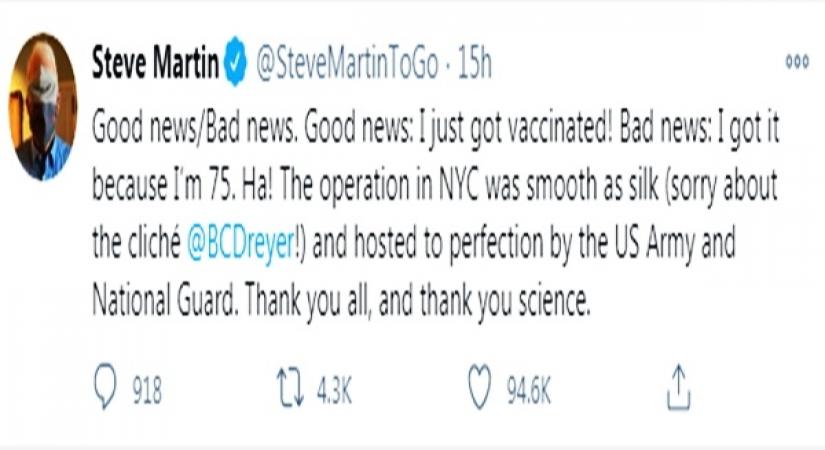Steve Martin's 'good news/bad news' about getting Covid vax shot.(photo:twitter)