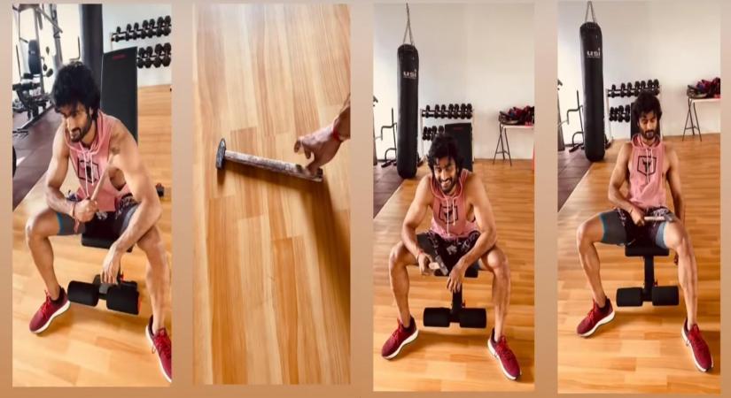 Sudheer Babu shows quirky use of hammer in the gym.
