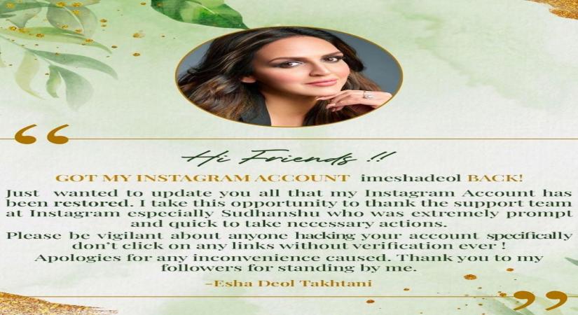 Esha Deol's Instagram account restored