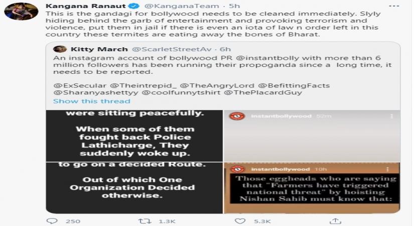 Kangana alleges 'gandagi' in Bollywood as she slams farmers' stir violence