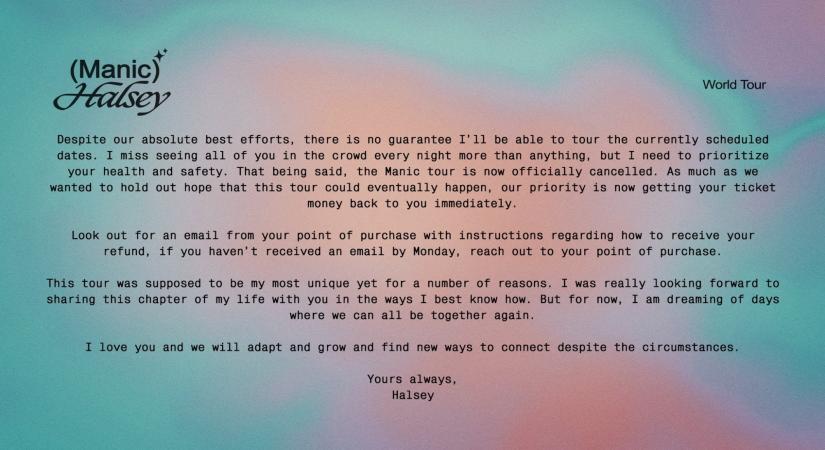 Halsey cancels tour, says safety is priority (@halsey/Twitter)