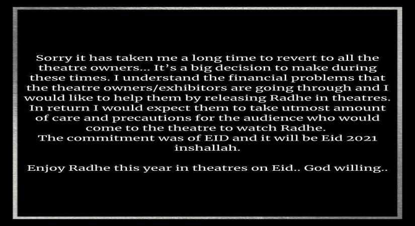 Salman Khan confirms 'Radhe' for theatrical release on Eid. (photo:instagram)