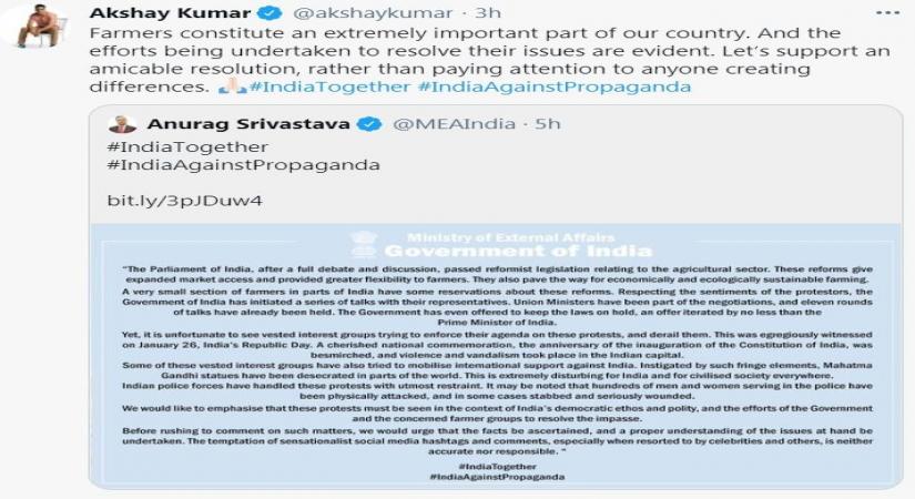 Bollywood celebrities Akshay Kumar, Ajay Devgn, Karan Johar and Suniel Shetty on Wednesday came out and spoken about the ongoing protest by farmers. The actors have urged people not to fall for false propaganda against India