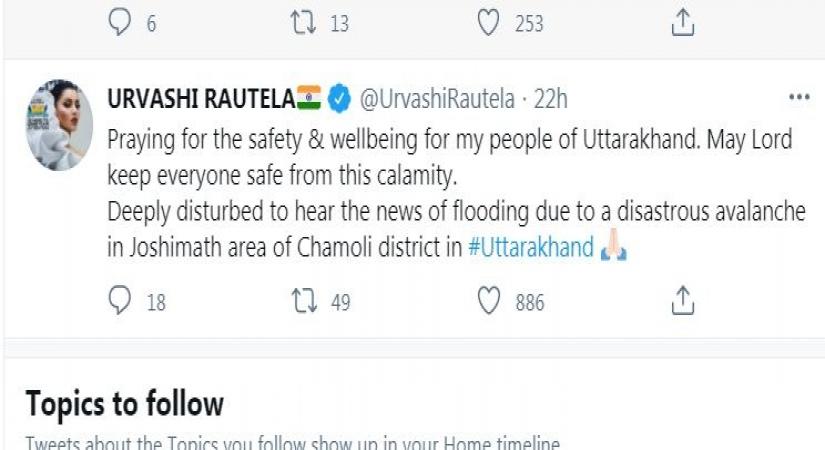Actress Urvashi Rautela, who hails from Uttarakhand, is heartbroken seeing the damage done by the recent flood in Chamoli district of the state. (Twitter)