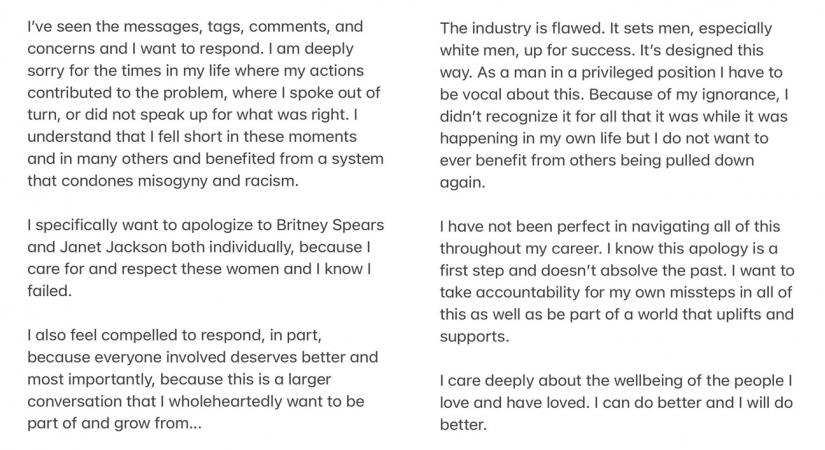 Justin Timberlake says sorry to Britney Spears, Janet Jackson (Credit: Instagram)