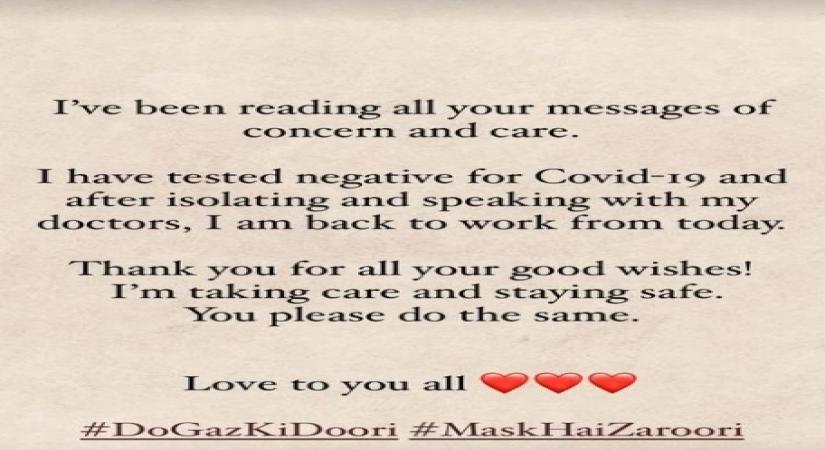 Alia Bhatt: 'Have tested negative for Covid-19'.(photo:Instagram)