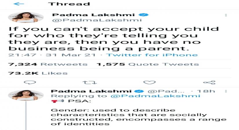 Padma Lakshmi tweets advice to parents of transgender kids.