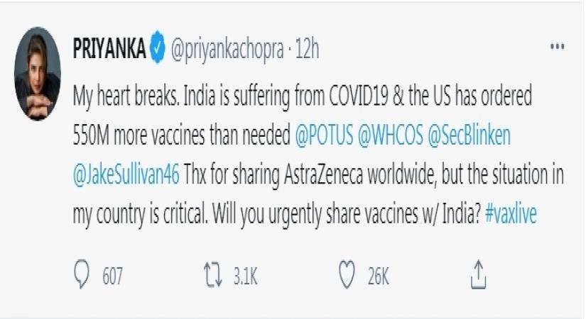 Priyanka Chopra appeals to Biden govt to share Covid vax with India.(photo:twitter)
