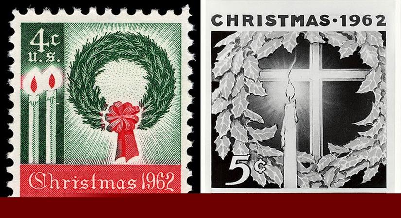 Left - First US Christmas stamp issued November 1st in Pittsburgh, Pennsylvania (Scott 1205) (Source - National Postal Museum)