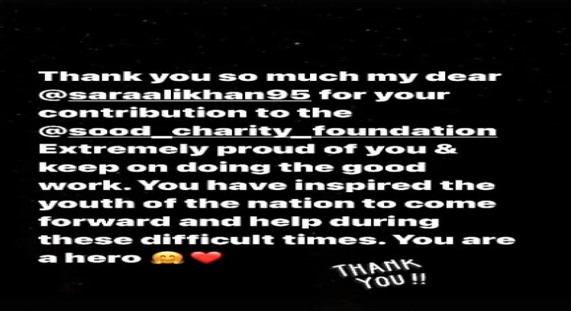 Sonu Sood hails Sara Ali Khan as 'hero' after she donates to his foundation.(photo:instagram)