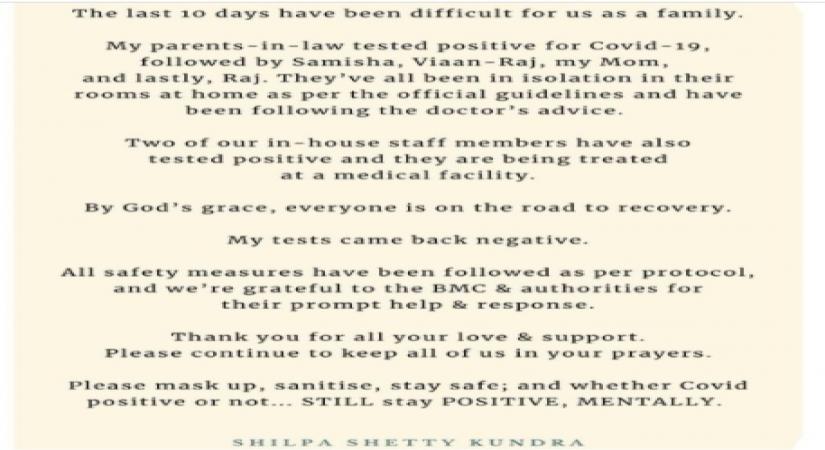 Shilpa ShettyÃ¢ÂÂs family tests positive for covid, actress tests negative