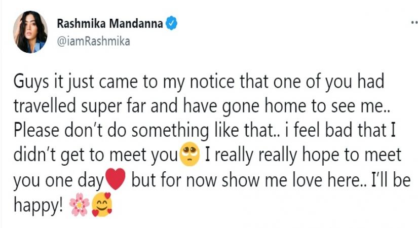Rashmika Mandanna warns fan who turned up at her home to meet her.(photo: Rashmika Mandanna Twitter)