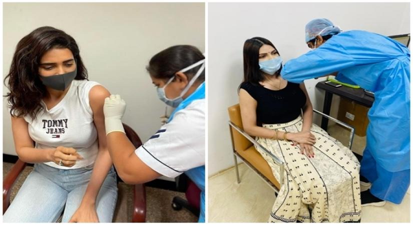 Sherlyn Chopra, Karishma Tanna take Covid vaccine shots