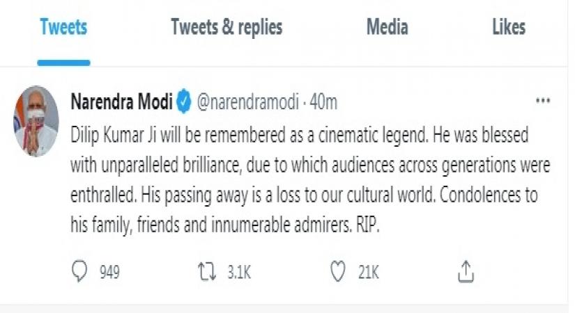Dilip Kumar was a cinematic legend: PM Modi (Photo:Prime Minister Narendra Modi Twitter)