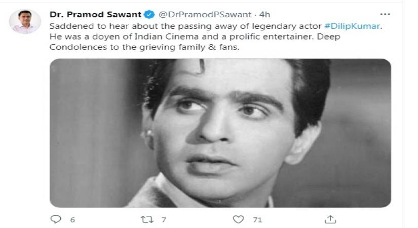 Goa CM pays tribute to late Dilip Kumar (Photo:Dr. Pramod Sawant Twitter)