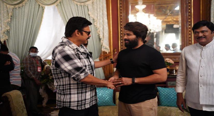 Hyderabad: Allu Arjun Visits The Sets Of Venkatesh, Varun Tej, Anil Ravipudi, Sri Venkateswara Creations F3(Photo: Ramana M/IANS)
