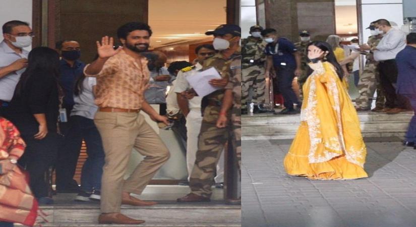 Mumbai : Katrina Kaif-Vicky Kaushal wedding: Bride and groom-to-be wave at the paparazzi as they leave for Jaipur