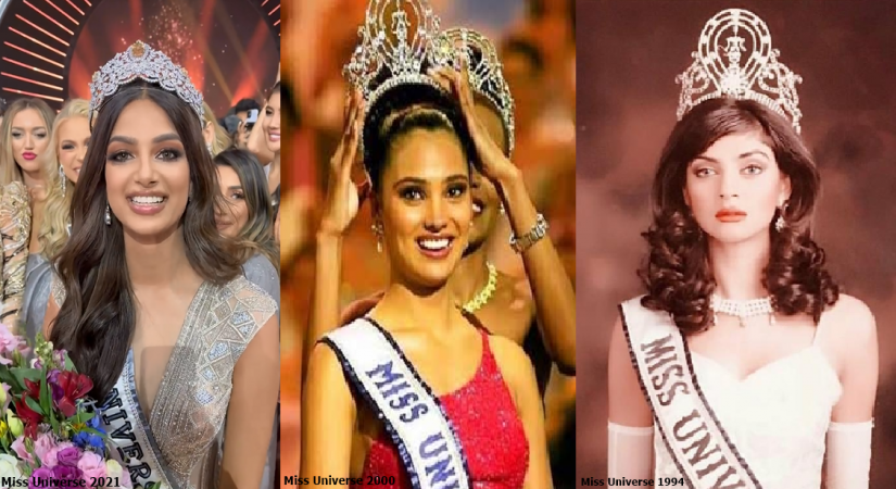 (L-R) Harnaaz Sandhu - Miss Universe 2021, Lara Dutta - Miss Universe 2000 and Sushmita Sen - Miss Universe 1994 