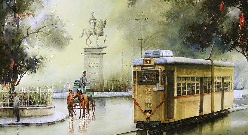 Arup Lodh Painting, A Wet Afternoon in Kolkata. 29 x 42 Inches Watercolour on Paper.