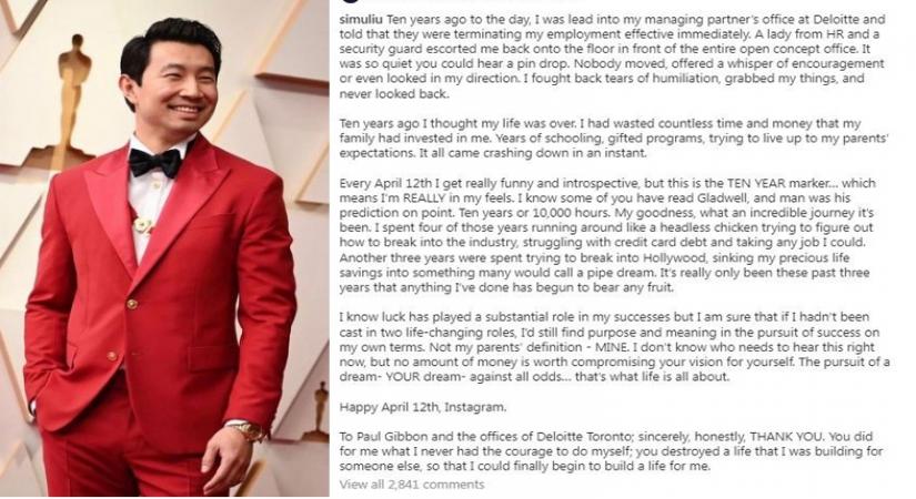 Simu Liu thanks ex-boss for firing him 10 years ago.